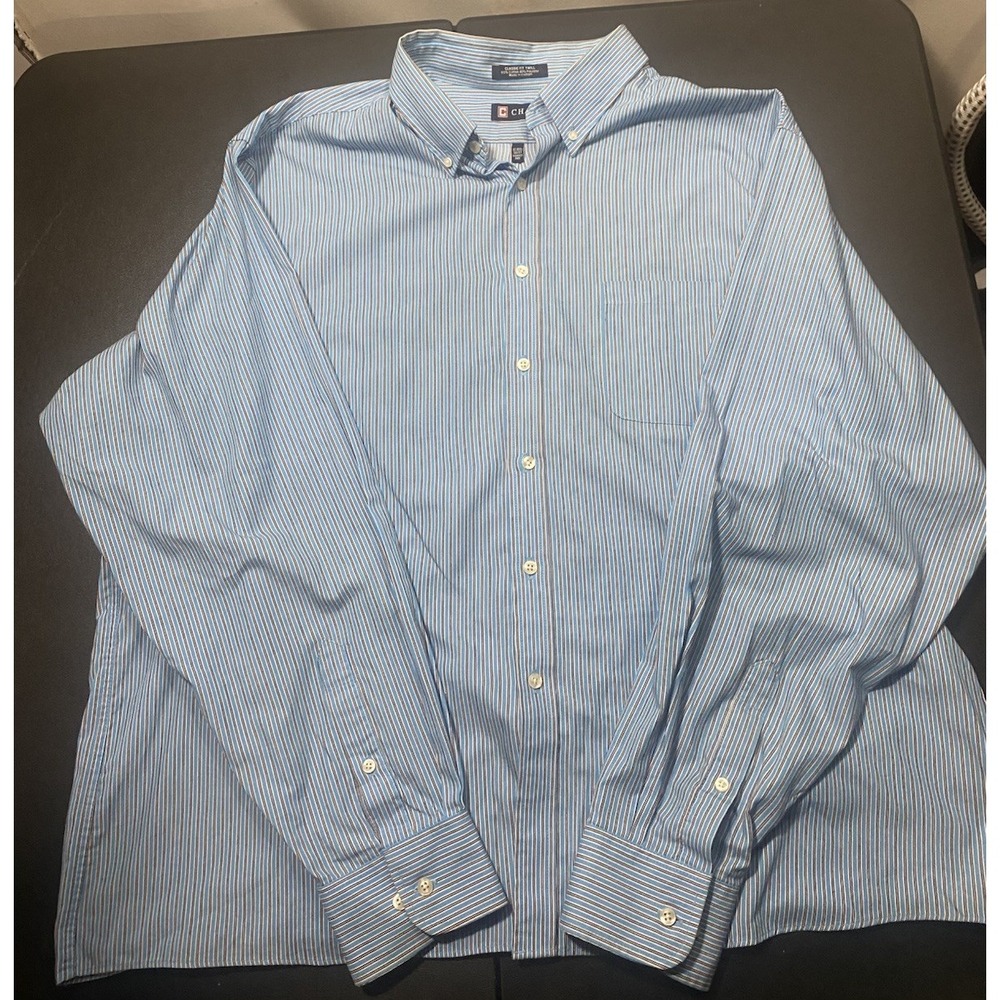 Chaps Classic Fit Twill Long Sleeve Shirt Blue Stripe 18-18.5 36-37 Wrinkle Free